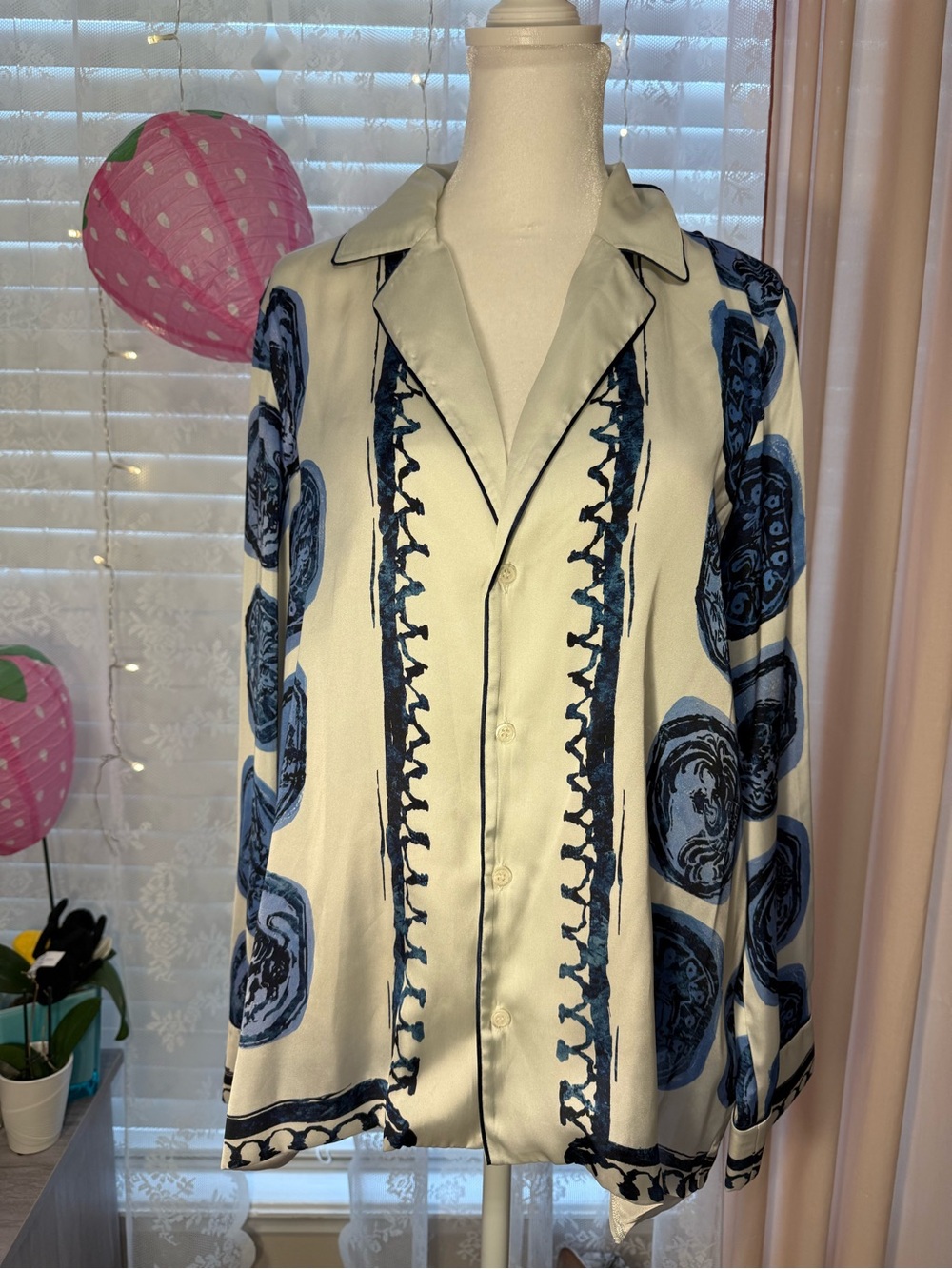 Zara Cream and Navy Patterned Button-Up Jacket